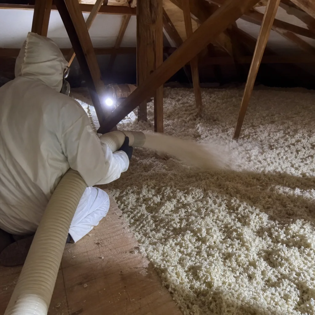 Professional technician installing blown-in attic insulation in a wooden attic frame