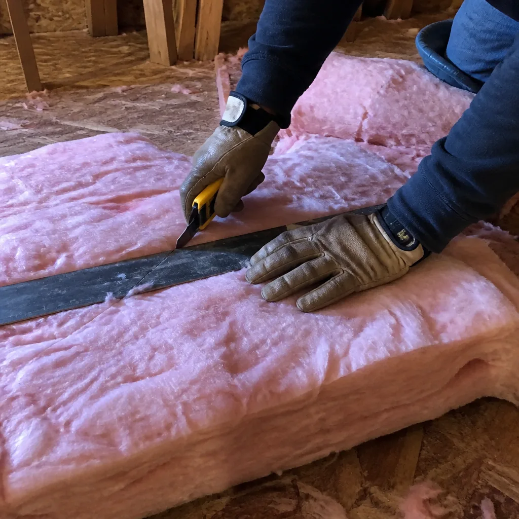 Professional cutting pink fiberglass attic insulation with a utility knife