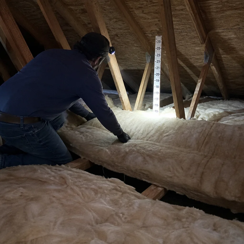 Technician checking fiberglass attic insulation depth with a measurement ruler