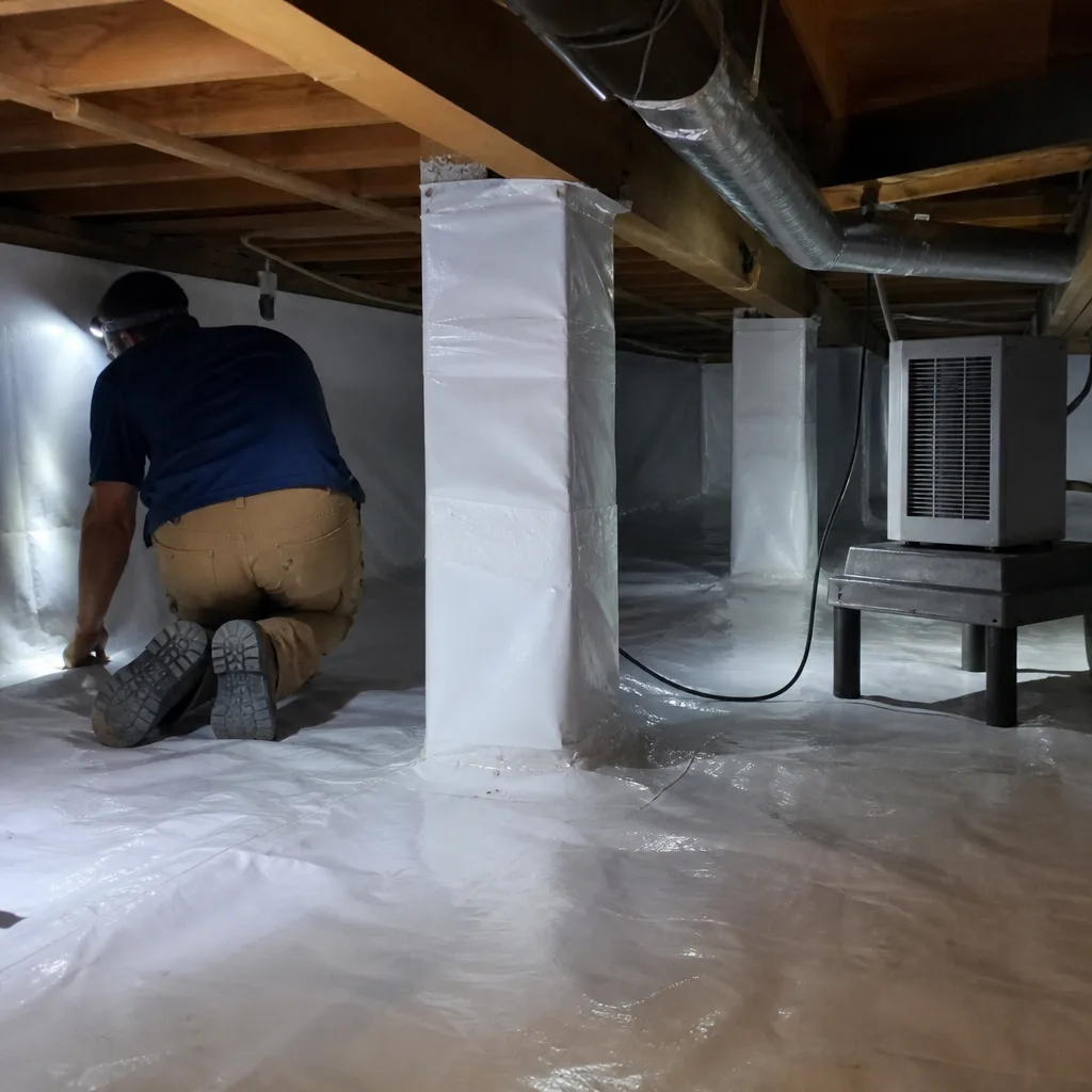 Technician performing professional crawl space encapsulation and vapor barrier installation