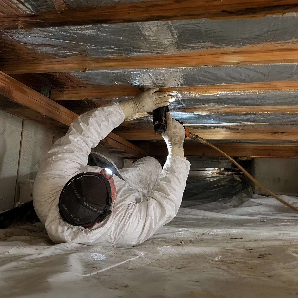 Technician performing professional crawl space encapsulation and vapor barrier installation