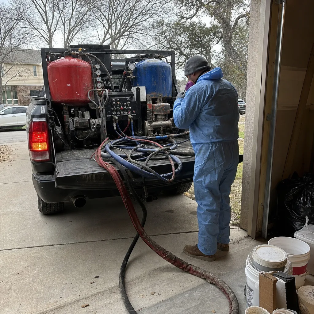 Contractor preparing spray foam insulation equipment on a truck bed